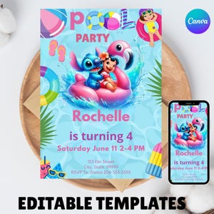 Invito di compleanno per ragazza a Stitch Pool Party, invito a Stitch modificabile, invito per festa alle Hawaii, invito di compleanno tropicale per festa per ragazza