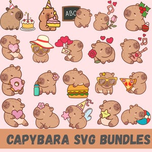 かわいいカピバラ PNG、面白いカピバラのクリップアート、アニメ漫画デジタルステッカー、クリカット用ファイル、かわいい動物イラストセット、Png クリップアートバンドル