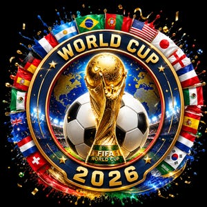 May include: A circular graphic featuring the gold FIFA World Cup trophy centered in front of a soccer ball and a globe. The text WORLD CUP 2026 is displayed in gold lettering. A ring of various national flags surrounds the central emblem.