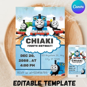 May include: A blue and white birthday invitation featuring cartoon trains. The invitation reads "CHIAKI FOURTH BIRTHDAY!" with event details: Dec 20, 2088, at 4:00 PM, and an RSVP number. A smartphone displays the same design.