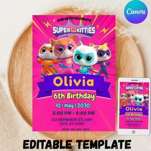 Girl Super Kitties Birthday Invitation Template Super Kitties Invitation Digital Cat Girl Invite Template Kitty Cat Party Invite