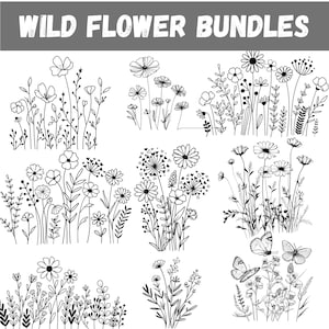 Bundle Svg fleurs sauvages, fleur svg, svg floral, bouquet de fleurs minimaliste, floral svg, svg botanique, svg nature, svg de croquis de fleurs