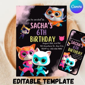 Girl Super Kitties Birthday Invitation Template Super Kitties Invitation Digital Cat Girl Invite Template Kitty Cat Party Invite
