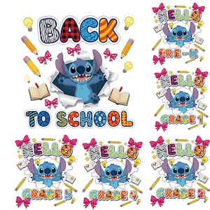 Stitch Back To School PNG Bundle, Cartoon First Day Of School Design, Preppy Pre-K To 5th Grade, Stitch Pastel Png, Cute School PNG