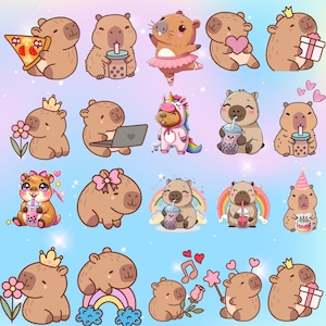 かわいいカピバラのPNG、面白いカピバラのクリップアート、アニメ漫画のデジタルステッカー、クリカット用ファイル、かわいい動物のイラストセット、PNGクリップアートバンドル