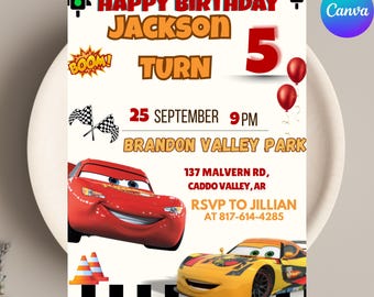 Cars Birthday Invitation | Lightning McQueen Invitation, Kids Birthday Invitation | Editable Personalized Canva Printable Digital Invitation
