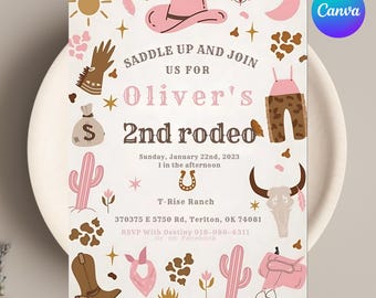 Bewerkbare meisje rodeo verjaardagsuitnodiging, cowgirl verjaardagsuitnodiging, TWEEDE rodeo meisje verjaardagsuitnodiging, roze rodeo verjaardagsuitnodiging