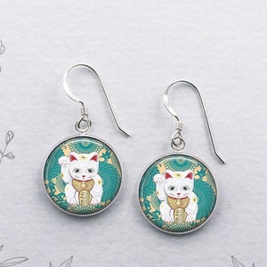 Maneki Neko Good Luck Cat earrings, good luck charm earrings Japanese Beckoning Cat lucky earrings colorful kitty jewelry sterling silver