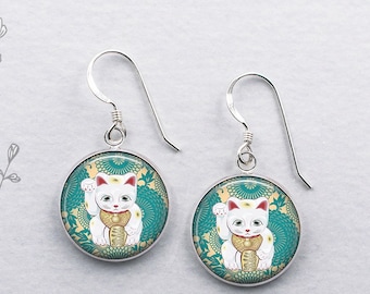 Maneki Neko Good Luck Cat earrings, good luck charm earrings Japanese Beckoning Cat lucky earrings colorful kitty jewelry sterling silver