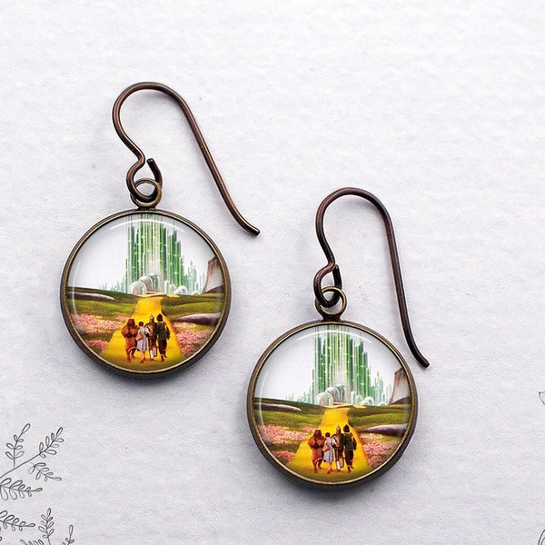 Wizard of Oz earrings, Yellow Brick Road earrings Dorothy and Friends storybook gift Cowardly Lion Tin Man Scarecrow Emerald City jewelry