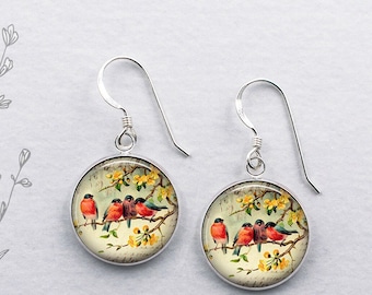 Robin Redbreasts earrings, robins on branch earrings Spring robin gift nature lover or garden gift bird lover gift springtime bird earrings