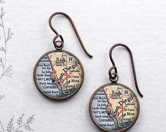 San Diego map earrings, San Diego California leaving home gift hometown map gift sterling silver niobium earrings M123