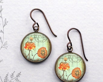 Vintage Poppy Art earrings, flower dangle earrings flower art earrings niobium red poppy jewelry Poppy gift sterling silver poppy earrings