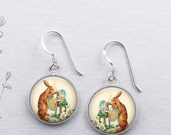 Bunny Artist earrings, Easter bunny rabbit earrings sterling silver dangle earrings Easter gift for artist, art teacher or art student