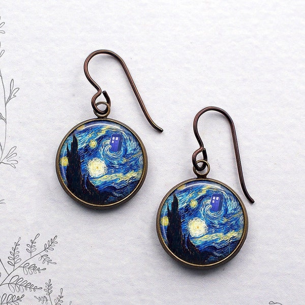 Starry Night Tardis earrings, Dr Who earrings fantasy or sci fi  gift sterling silver earrings Van Gogh and Dr Who earrings E51