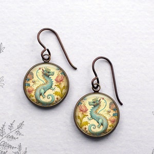Baby Blue Dragon earrings, dragon art earrings baby dragon jewelry gift fantasy art earrings dragon lover gift dragon and flowers E75