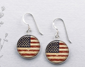Antique American Flag earrings, patriotic gift sterling earrings gift for new USA citizen Fourth of July jewelry sterling USA earrings