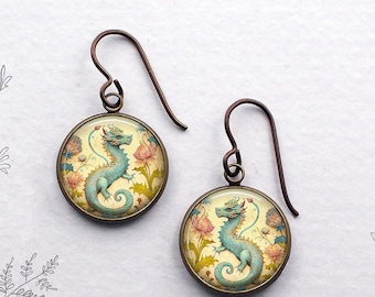 Baby Blue Dragon earrings, dragon art earrings baby dragon fantasy art gift dragon lover gift dragon and flowers sterling or niobium