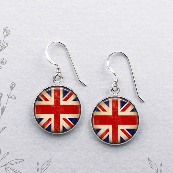 British Flag earrings, Union Jack sterling silver dangle earrings travel gift Union Jack British gift flag of the United Kingdom