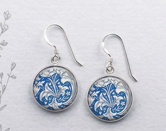 William Morris blue floral earrings, William Morris art jewelry Arts and Crafts gift Acanthus leaves sterlig dangle earrings flower earrings