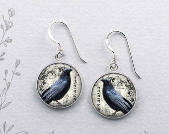 Poe's Raven earrings, Edgar Allan Poe Nevermore earrings Halloween or Samhain earrings blackbird earrings literary gift