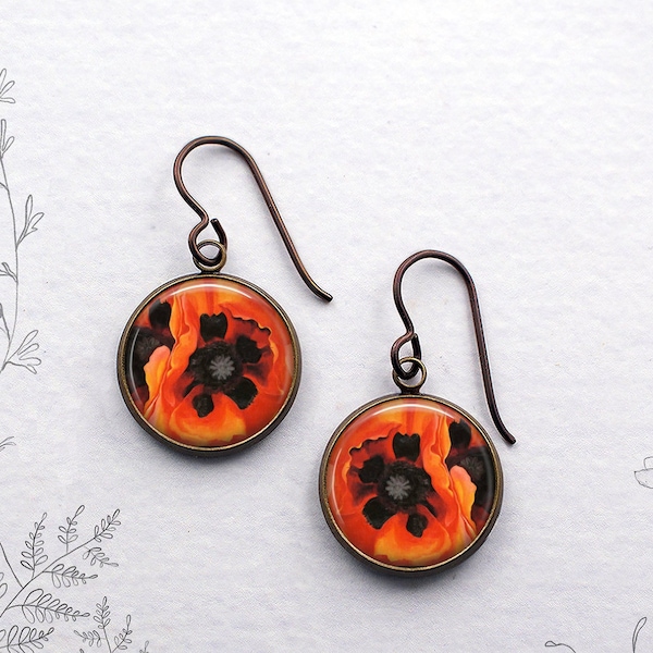 Oriental Poppies Georgia O'Keefe earrings, flower dangle earrings flower art earrings Georgia O'Keefe art jewelry Poppy gift poppy earrings