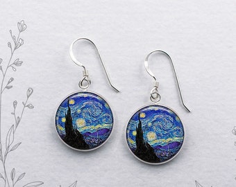 Van Gogh Starry Night earrings, Van Gogh art earrings sterling silver art jewelry night sky art gift for artist art teacher E11