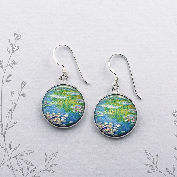 Monet Water Lilies earrings, Claude Monet art earrings garden art jewelry Monet Lily Pond earrings gift for water gardener art lover E12