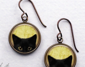 Golden-eyed Black Cat earrings, black kitten yellow-eyed kitty cat lover gift black cat jewelry black cat Halloween jewelry cat lady gift
