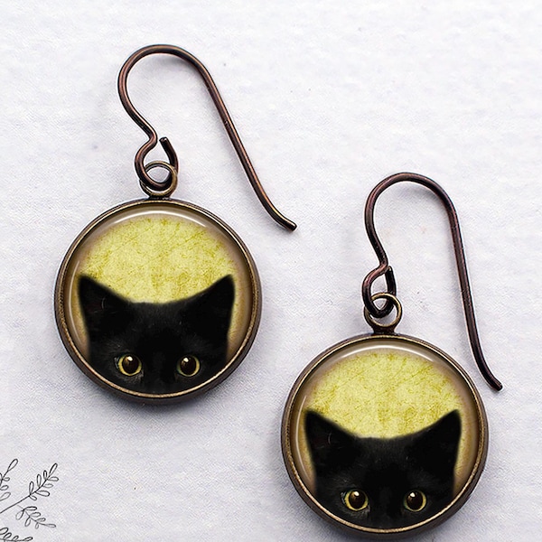 Golden-eyed Black Cat earrings, black kitten yellow-eyed kitty cat lover gift black cat jewelry black cat Halloween jewelry cat lady gift