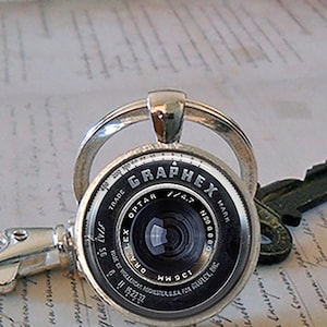 Graphex Camera Lens key chain, brooch pin or necklace, vintage camera lens jewelry photographer photography gift keychain key ring key fob
