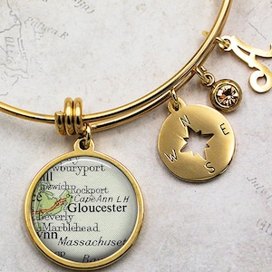Gloucester Massachusetts map charm bracelet, Rockport MA Ipswich Marblehead MA map gift birthstone initial bracelet moving away gift
