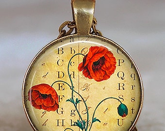 Antique Poppy key chain, brooch or necklace, poppy jewelry, remembrance Memorial Day jewelry, red poppies keychain Leo key ring key fob