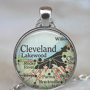 Cleveland map necklace, key chain or brooch, hometown map gift Cleveland Ohio key ring, leaving home moving away gift Lakewood Ohio map
