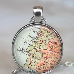 Portugal map necklace, Portugal map pendant, Portugal necklace travel jewelry map jewelry vintage map travel gift key chain key ring fob