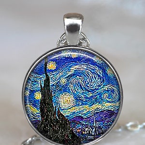 Starry Night necklace, brooch pin or key chain, Van Gogh art jewelry, moon and stars necklace, celestial keychain key ring fob