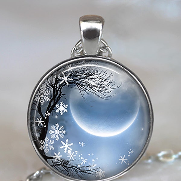 Winter Solstice necklace, brooch pin or key ring, new moon Yuletide snowflakes winter sky crescent moon Wiccan Pagan key chain key ring