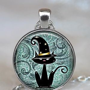 Black Cat Magic necklace, brooch pin or key chain, Halloween necklace Halloween gift Samhain cat jewelry magic cat key ring fob