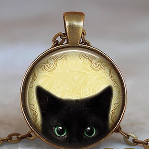 Green-eyed Black Cat necklace, brooch pin or key chain, cute black kitten gift cat lover gift cat lady stocking stuffer key ring key fob