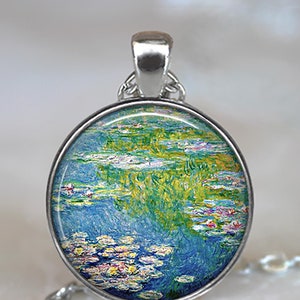 Monet&#39;s Water Lily Pond necklace, key chain or brooch, water lilies water gardening, Monet art teacher gift art student gift  key ring fob
