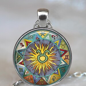 Taurus Bohemian Zodiac necklace, key chain or brooch pin,  Zodiac gift Boho Zodiac art pendant astrology gift Boho Taurus key ring fob