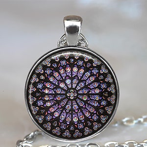 Rose Window, Notre Dame Cathedral necklace, key ring or brooch pin, stained glass photo pendant Catholic jewelry Paris key chain key ring