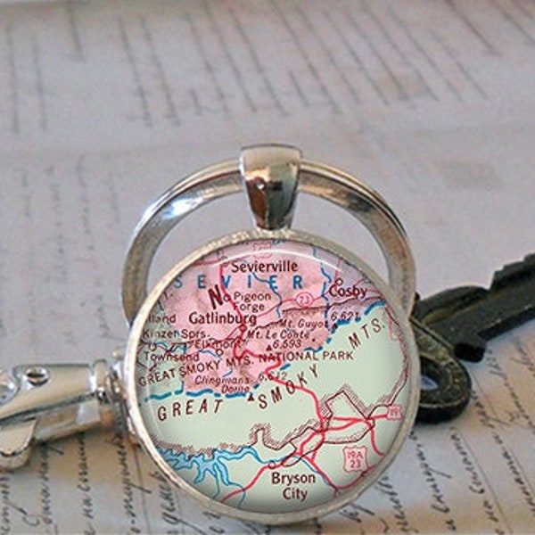 Great Smoky Mountains map keychain or necklace, Smoky Mountains National Park Gatlinburg TN map vacation map gift key chain key ring key fob