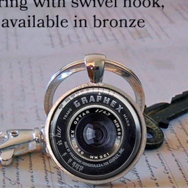 Graphex Camera Lens key chain, brooch pin or necklace, vintage camera lens jewelry photographer photography gift keychain key ring key fob