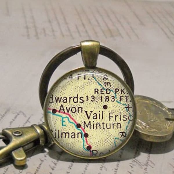 Vail Colorado map key chain or necklace, Avon CO map jewelry gift for skier ski vacation gift ski destination map key ring key chain key fob