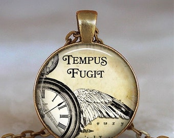 Tempus Fugit necklace, brooch pin or key chain, Time Flies steampunk jewelry Latin quote gift keychain key fob key ring G263