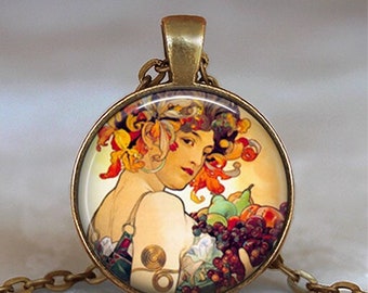 Autumn Harvest art necklace, brooch pin or key chain, Alphonse Mucha art jewelry Thanksgiving jewelry fall colors key ring key fob