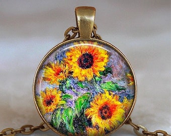 Monet Sunflowers necklace or key chain, art teacher gift Sunflower jewelry Monet art pendant keychain key chain key ring key fob G156