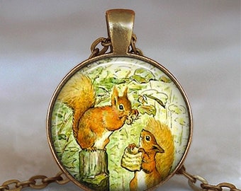 Tale of Squirrel Nutkin necklace or key chain, Beatrix Potter art woodland jewelry squirrel jewelry nature gift keychain key ring fob G122