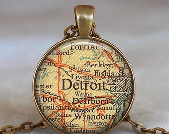 Detroit map pendant, Detroit map necklace, Detroit pendant, vintage map jewelry Detroit necklace key chain key fob keychain keyring key ring